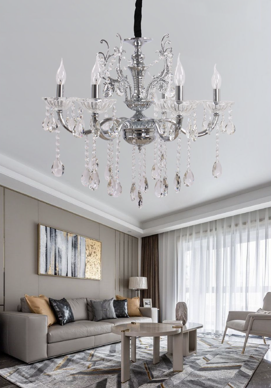 TEKHOME Lampadario Sospeso Design a 6 Luci con Struttura Geometrica e Paralumi in Vetro, Stile Moderno e Minimalista, Attacco E14 40W, per Interni, Diametro 65cm, Argento (Senza Lampadine) A18-A