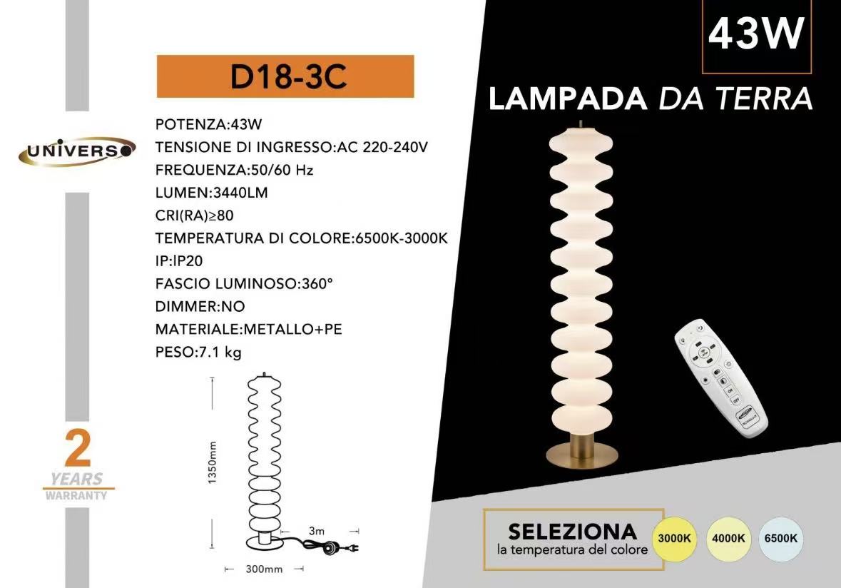 Lampada da Terra LED 43W, 3440 Lumen, 3 Colori Selezionabile, Design Moderno, Telecomando Incluso, Illuminazione 360°, Lampada da Pavimento per Soggiorno e Camera D18-3C