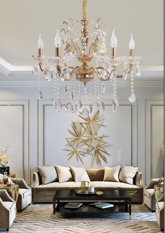 TEKHOME Lampadario Sospeso a 6 Luci Stile Candela con Cristalli e Struttura Dorata, Design Classico ed Elegante, Attacco E14 40W, per Sale da Pranzo e Soggiorni, 65cm, Oro (Senza Lampadine) A18-O