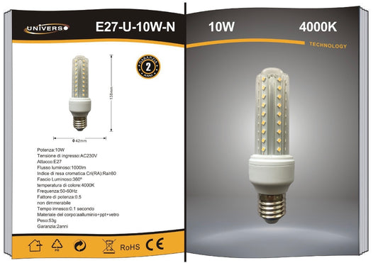 Lampadine LED E27 10W, Confezione da 10 Pezzi, 1000LM, 3000K/4000K/6500K, Luce Calda, Naturale e Fredda, Lampadina LED a U, CRI>80, Illuminazione 360°, Risparmio Energetico, Modello E27-U-10W