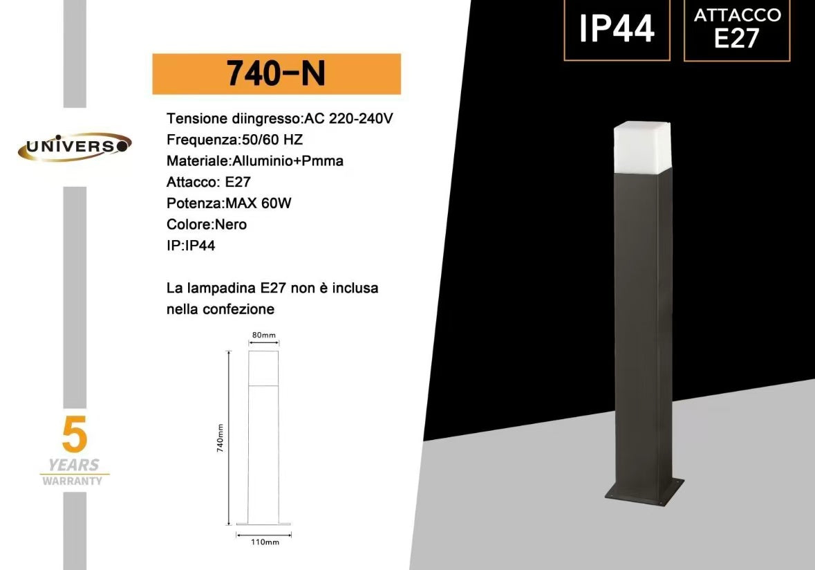 Lampione da Giardino 74cm IP44 per Esterno, Attacco E27, Palo Luce da Esterno in Alluminio, Lampada da Cortile/Viale/Terrazza – Nero/Bianco (Senza Lampadina) 740