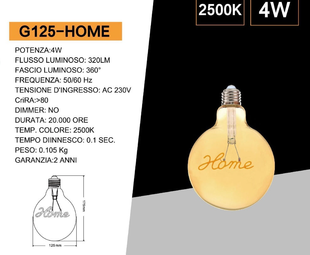 Lampadine LED Decorative E27 G125 Home, Confezione da 5 Pezzi, 4W 2500K, 320LM, Globo XL Ć125mm, Vetro Ambrato, Design con Scritta āHomeā, Luce Extra Calda, 360°, Modello G125-HOME