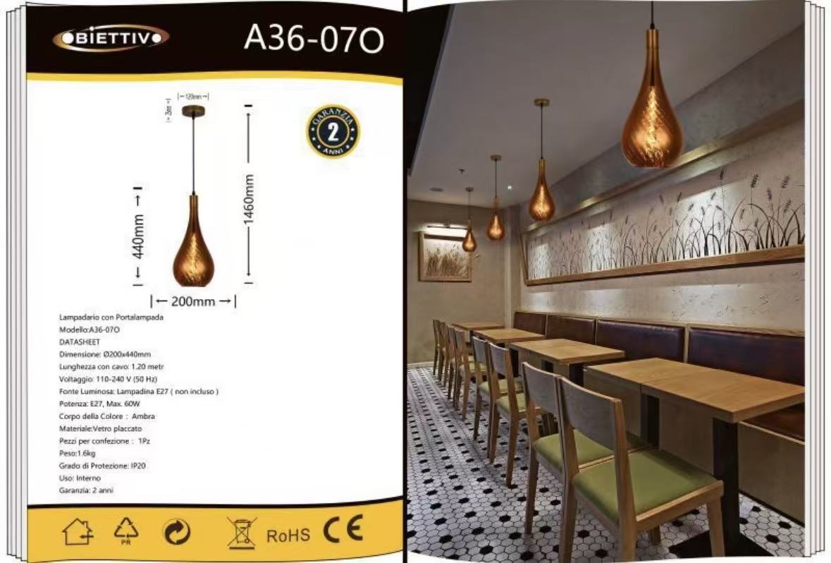 Lampada a Sospensione in Vetro Ambra E27, Stile Moderno, Regolabile 40–120 cm, Paralume in Vetro Soffiato, Ideale per Cucina Soggiorno Bar Ristorante – A36-07O