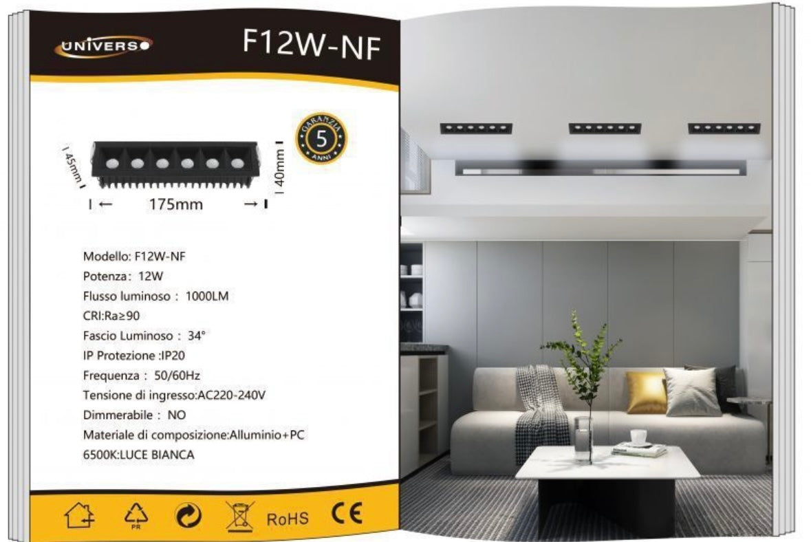 Faretto Magnetico LED da Incasso 12W, 1000LM, CRI≥90, Angolo 34°, Binario Magnetico, 3000K / 4000K / 6500K, Corpo in Alluminio, IP20, Non Dimmerabile,Modelli F12W