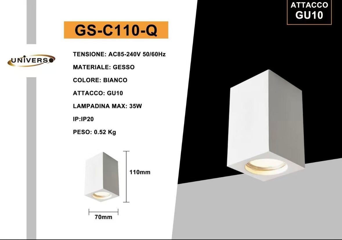 Faretto da Soffitto in Gesso GU10 Quadrato | Plafoniera Cubica Verniciabile | Attacco GU10 Max 35W | Design Moderno Bianco per Interni GS-C110-Q