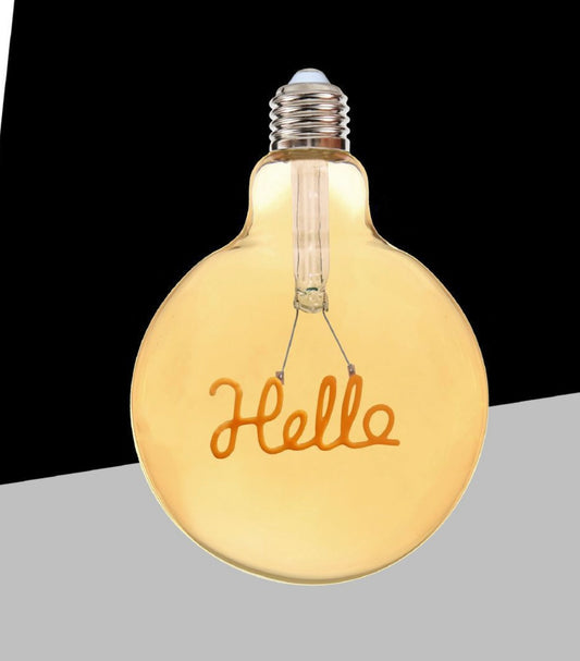 Lampadine LED Decorative E27 G125 Hello, Confezione da 5 Pezzi, 4W 2500K, 320LM, Globo XL Ø125mm, Vetro Ambrato, Design con Scritta “Hello”, Luce Calda Decorativa, 360°, G125-HELLO