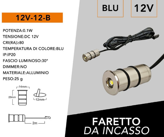 Mini Faretti LED da Incasso 12V DC 0,1W, Kit da 5 Pezzi, Foro Ø12 mm, Corpo in Alluminio, Cavo da 2 m, Mini Spot LED per Camper, Barca, Mobili, Vetrine e Illuminazione Decorativa, 12V-12
