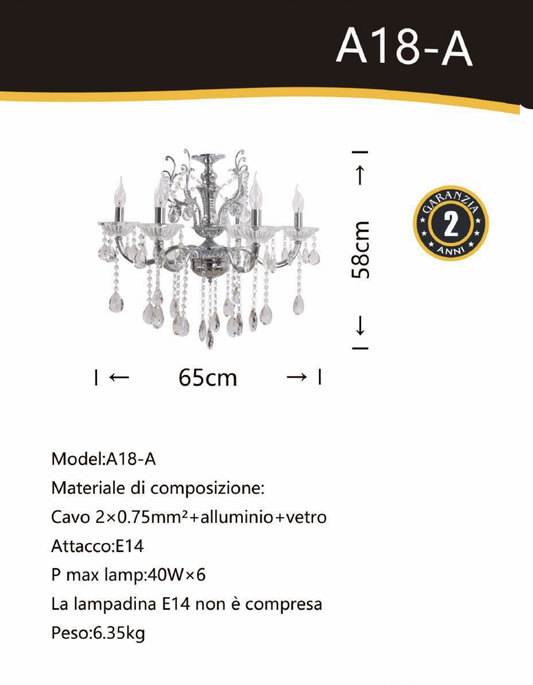 TEKHOME Lampadario Sospeso Design a 6 Luci con Struttura Geometrica e Paralumi in Vetro, Stile Moderno e Minimalista, Attacco E14 40W, per Interni, Diametro 65cm, Argento (Senza Lampadine) A18-A