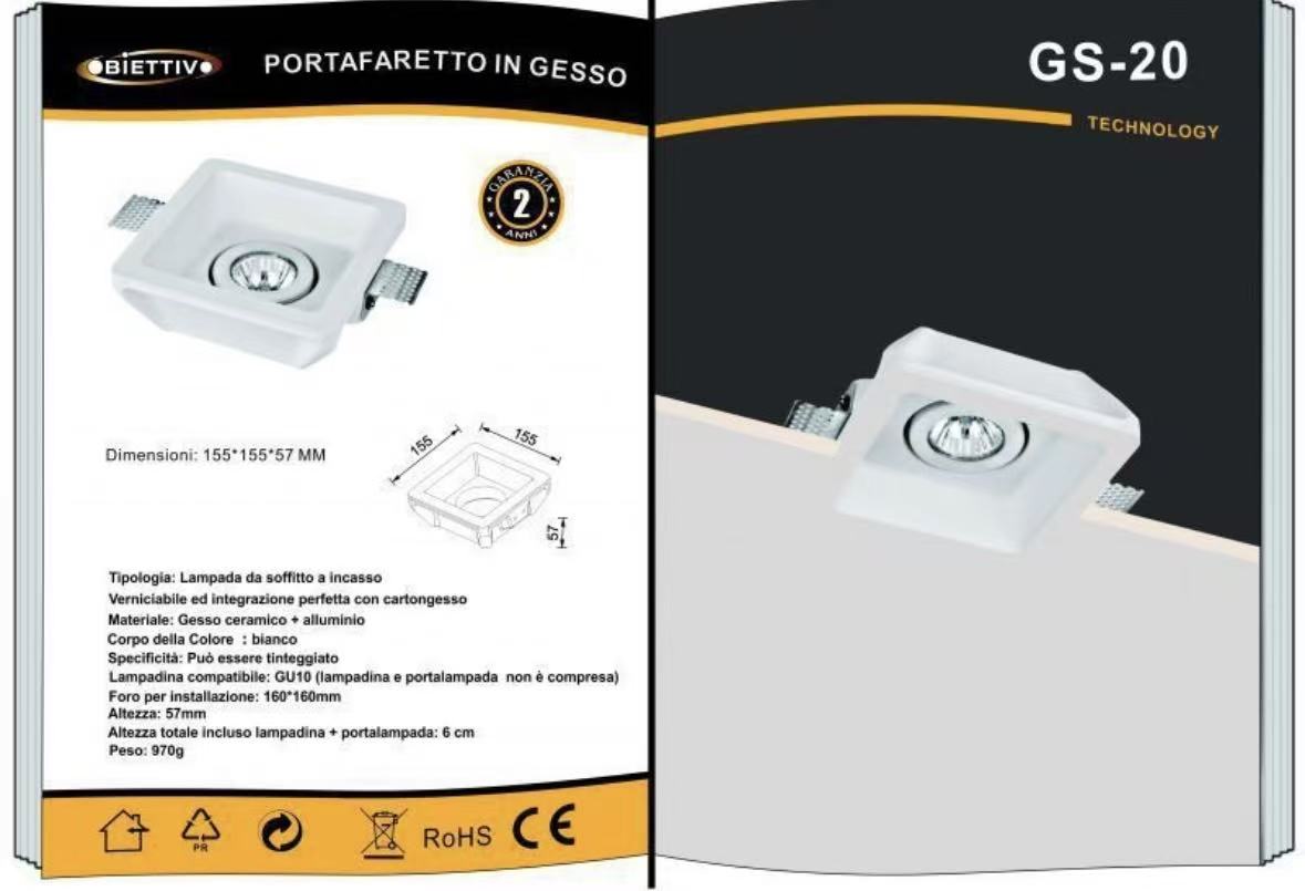 Portafaretto in Gesso da Incasso GU10 – Verniciabile, 155×155 mm, Supporto Faretto Soffitto in Cartongesso, Bianco GS-20