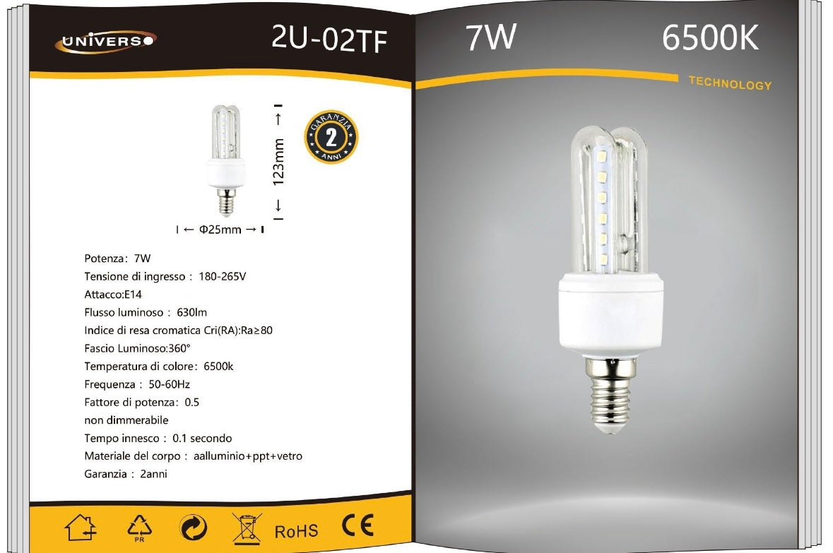 Lampadine LED E14 7W, Confezione da 6 Pezzi, 630LM, Luce Calda 3000K / Naturale 4000K / Fredda 6500K, Mini Lampadina LED E14, Emissione 360°, CRI>80, Basso Consumo,Modelli 2U-02T