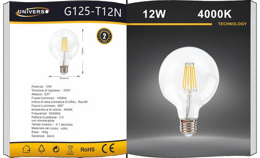 Lampadine LED E27 G125 12W, Confezione da 5 Pezzi, Globo XL Ø125mm, 1300-1500LM, Luce 2600K/3000K/4000K/6500K, Vetro Trasparente o Ambrato, Fascio Luminoso 360°, Basso Consumo,G125-T12