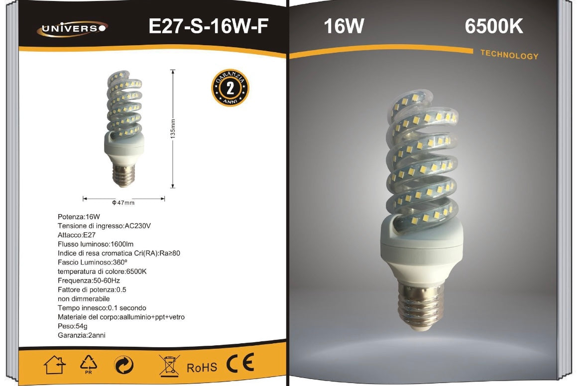 Lampadine LED E27 16W, Confezione da 10 Pezzi, 1600LM, 6500K Bianco Freddo, Lampadina LED a Spirale, CRI>80, Illuminazione 360°, Risparmio Energetico, Accensione Istantanea, Modello E27-S-16W