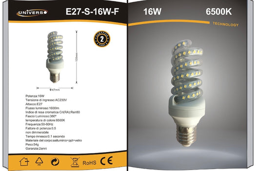 Lampadine LED E27 16W, Confezione da 10 Pezzi, 1600LM, 6500K Bianco Freddo, Lampadina LED a Spirale, CRI>80, Illuminazione 360°, Risparmio Energetico, Accensione Istantanea, Modello E27-S-16W