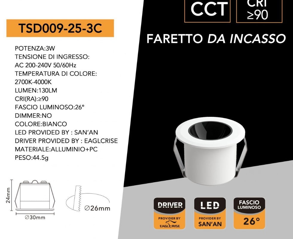 Mini Faretto LED da Incasso COB 3W CCT, Antiabbagliamento, Selezione Luce 2700K/4000K/6000K, CRI≥90, Foro Ø26 mm, Fascio 26°, Mini Downlight per Vetrine, Mobili e Controsoffitti,TSD009-25-3C