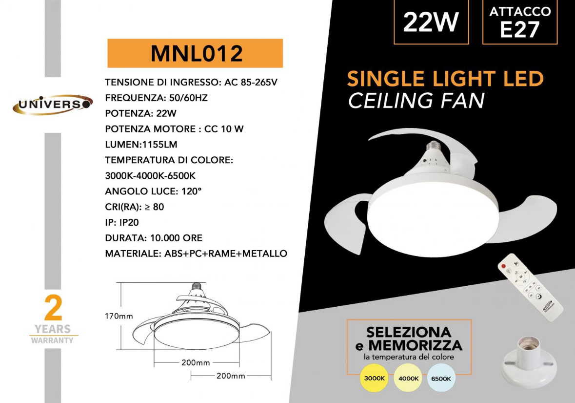 Ventilatore da Soffitto con Luce LED 22W E27 – Plafoniera con Ventola Silenziosa, 3 Colori di Luce 3000K/4000K/6500K, Telecomando, Memoria, per Camera da Letto e Soggiorno MNL012