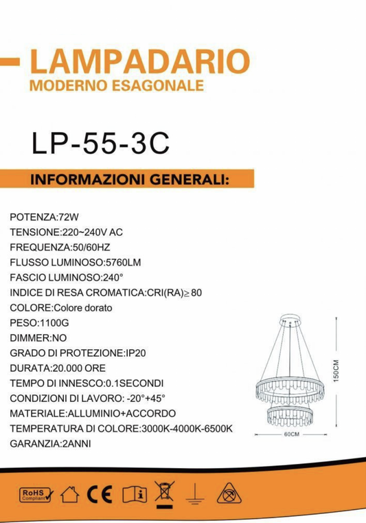 TEKHOME Plafoniera LED Esagonale Smart, 72W 5760LM, Luce Regolabile 3000K-6500K con Telecomando 2.4G, Design Moderno in Oro Francese, per Interni, IP20 LP-55-3C