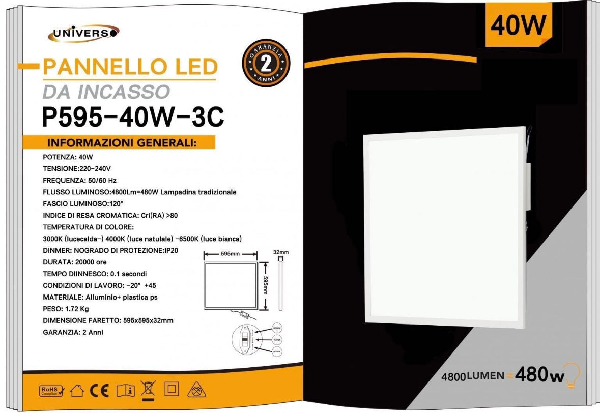 Pannello LED da Incasso 60x60 40W 4800LM, 3 Colori Selezionabili 3000K 4000K 6500K, Plafoniera LED Quadrata 595x595mm, Fascio 120°, CRI>80, Ultrasottile 32mm, 1 Pezzo, P595-40W-3C