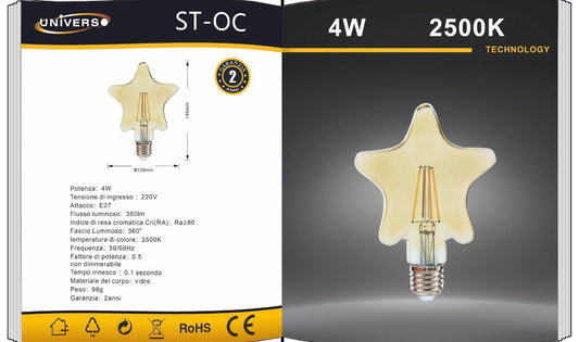 Lampadine LED Decorative E27 a Forma di Stella, Confezione da 5 Pezzi, 4W 2500K, 350LM, Vetro Ambrato, Luce Extra Calda, 360°, Lampadina Design Vintage, Non Dimmerabile, Modello ST-OC