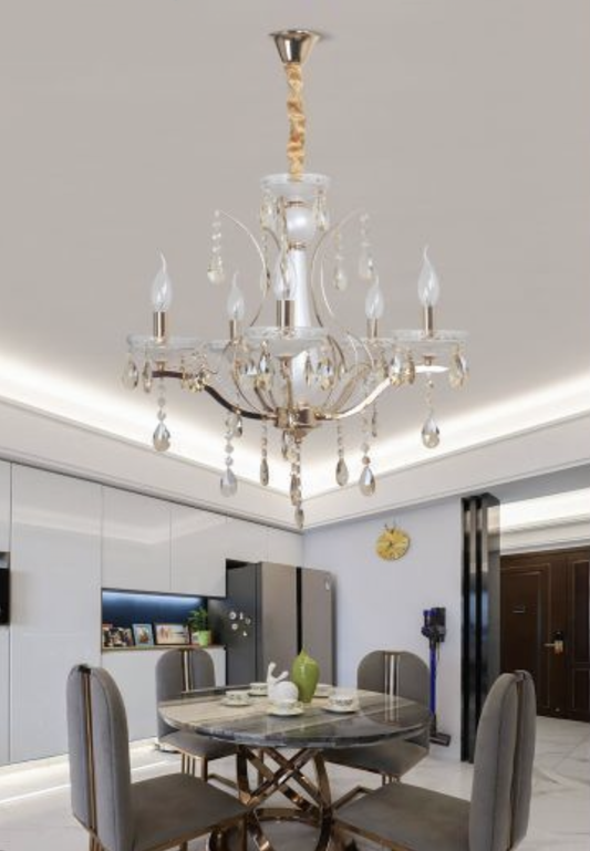 TEKHOME Lampadario Sospeso a 5 Luci con Design Geometrico e Paralumi in Vetro, Struttura Moderna in Oro, Attacco E14 40W, per Soggiorno Sala da Pranzo, 70cm, Oro (Senza Lampadine) A60-5