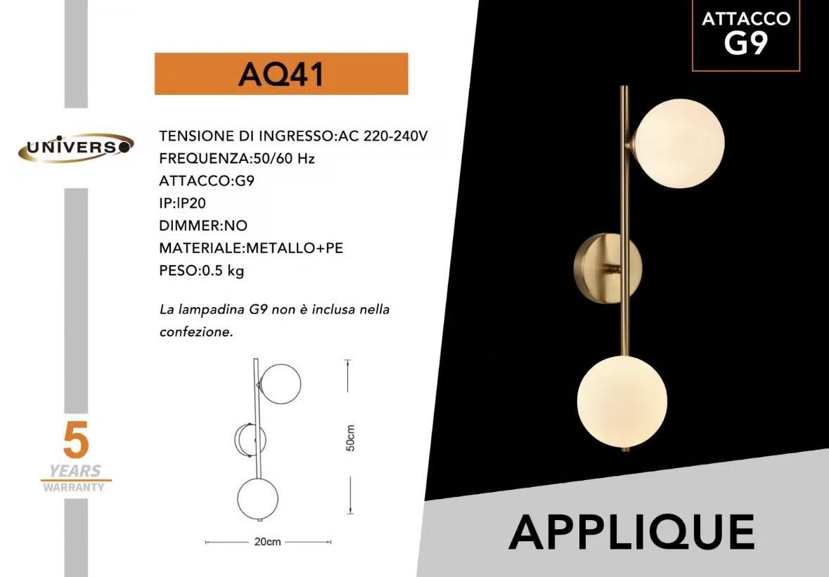 Applique Moderna da Parete 2 Luci in Ottone, Attacco G9, Lampada da Parete per Soggiorno Camera Corridoio, Design Elegante in Metallo + Vetro, IP20 – Senza Lampadina AQ41