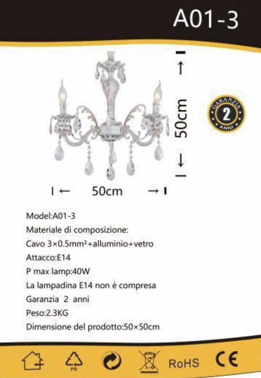TEKHOME Lampadario Sospeso Design con 3 Luci, Vetro e Finitura Oro, Attacco E14, 40W Max per Lampada, per Interni, Dimensioni 50x50cm (Lampadine Non Incluse) A01-3