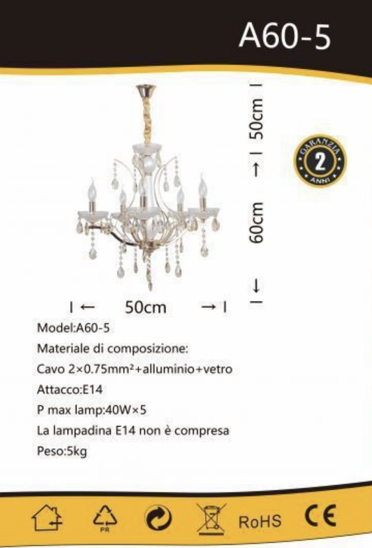 TEKHOME Lampadario Sospeso a 5 Luci con Design Geometrico e Paralumi in Vetro, Struttura Moderna in Oro, Attacco E14 40W, per Soggiorno Sala da Pranzo, 70cm, Oro (Senza Lampadine) A60-5