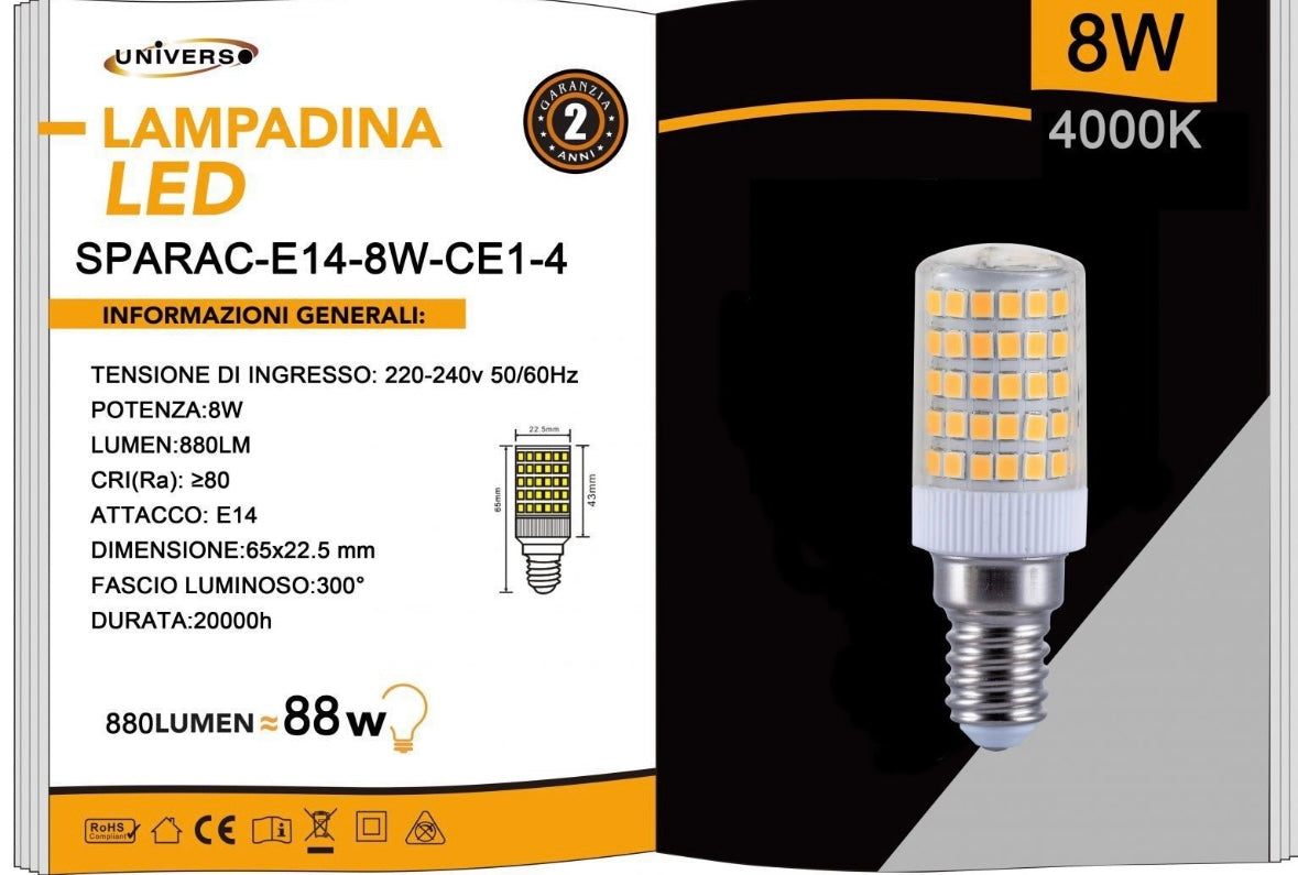Lampadine LED E14 8W 880LM 4000K, 10 Pezzi, Luce Naturale, Formato Compatto 22.5x65mm, 220-240V, SPARAC-E14-8W-CE1-4