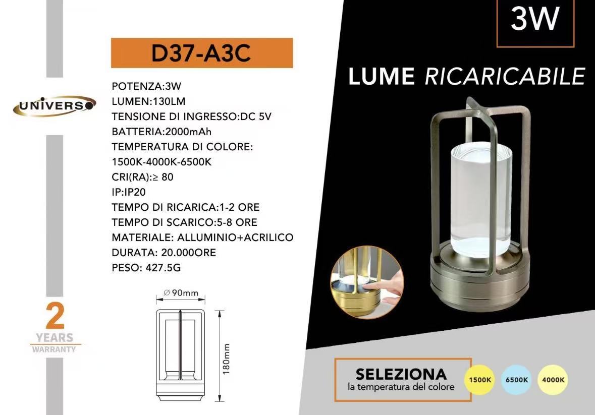 Lampada LED da Tavolo Ricaricabile 3W – Luce Portatile Touch con 3 Temperature di Colore, Batteria 2000mAh, Design Moderno in Alluminio e Acrilico – Uso Interno D37