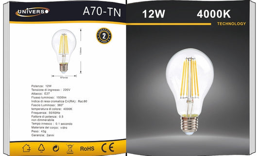 Lampadine LED E27 A70 12W, Confezione da 5 Pezzi, 1500LM, Luce 3000K/4000K/6500K, Vetro Trasparente, Illuminazione a 360°, Basso Consumo Energetico, Non Dimmerabile, Modello A70-T