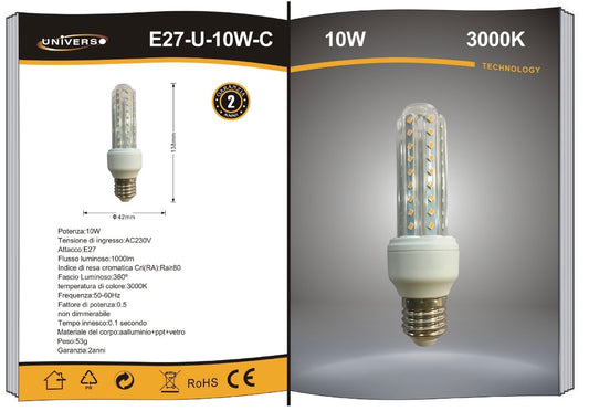 Lampadine LED E27 10W, Confezione da 10 Pezzi, 1000LM, 3000K/4000K/6500K, Luce Calda, Naturale e Fredda, Lampadina LED a U, CRI>80, Illuminazione 360°, Risparmio Energetico, Modello E27-U-10W