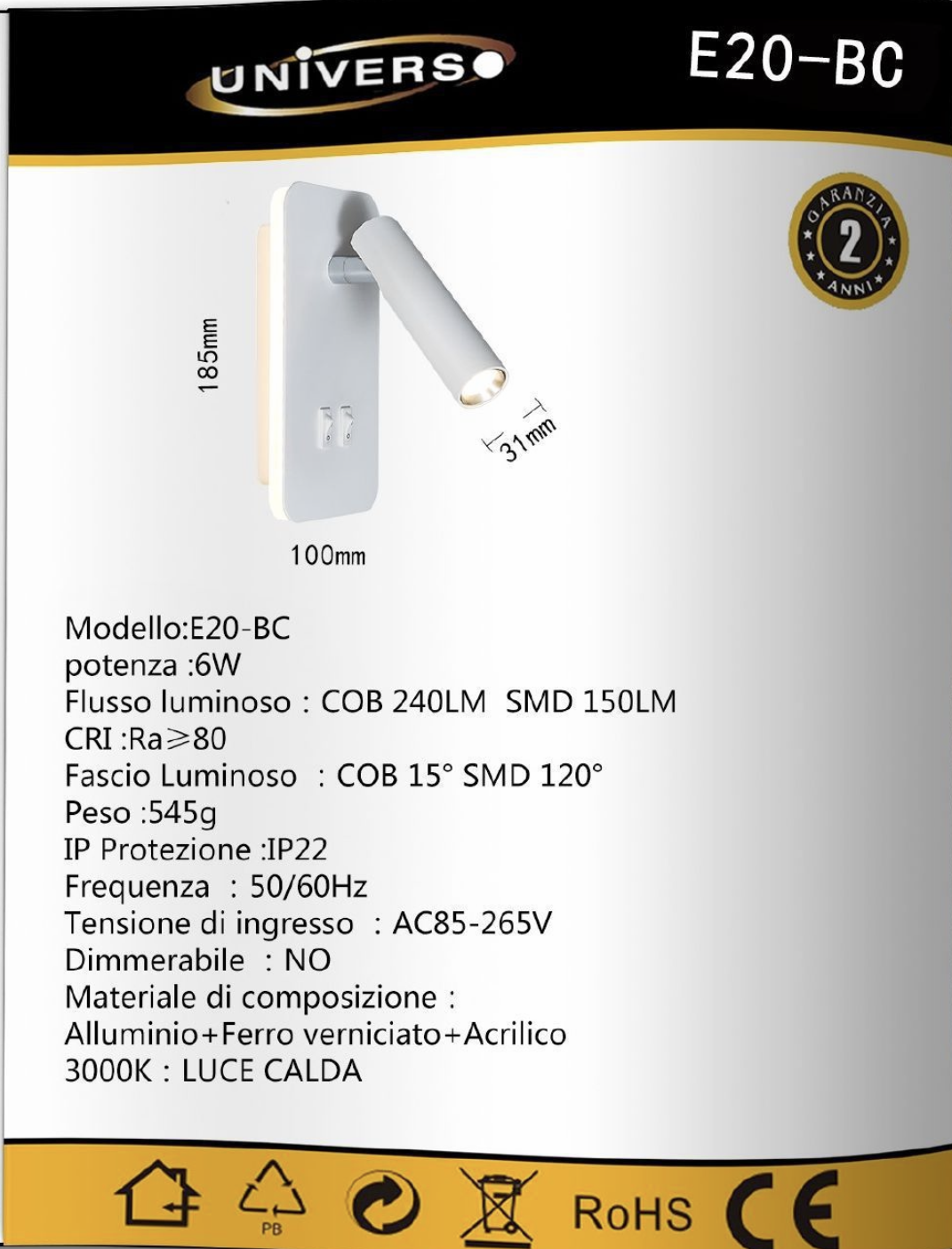 TEKHOME Applique da Parete LED 6W con Interruttore, Lampada da Comodino Orientabile, Luce 3000K-6500K Design Moderno in Alluminio, per Camera da Letto e SoggiornoE20