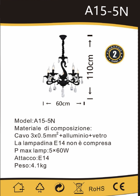 TEKHOME Lampadario Sospeso Moderno a 5 Bracci Nero Opaco con Paralumi in Vetro, Design Lineare e Industriale, Attacco E14 60W, per Soggiorno Cucina Isola, 110x60cm, Nero (Senza Lampadine) A15-5N
