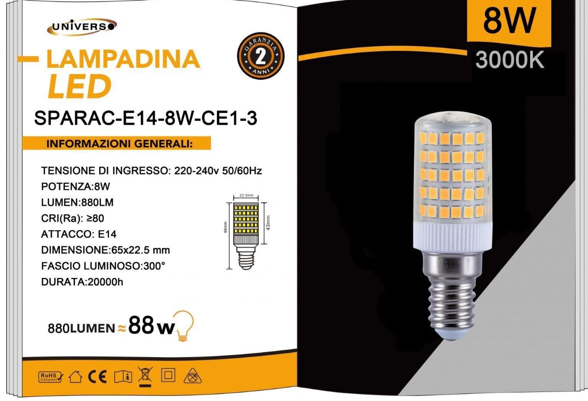 Lampadine LED E14 8W 880LM 3000K, 10 Pezzi, Luce Calda, Formato Compatto 22.5x65mm, 220-240V, SPARAC-E14-8W-CE1-3