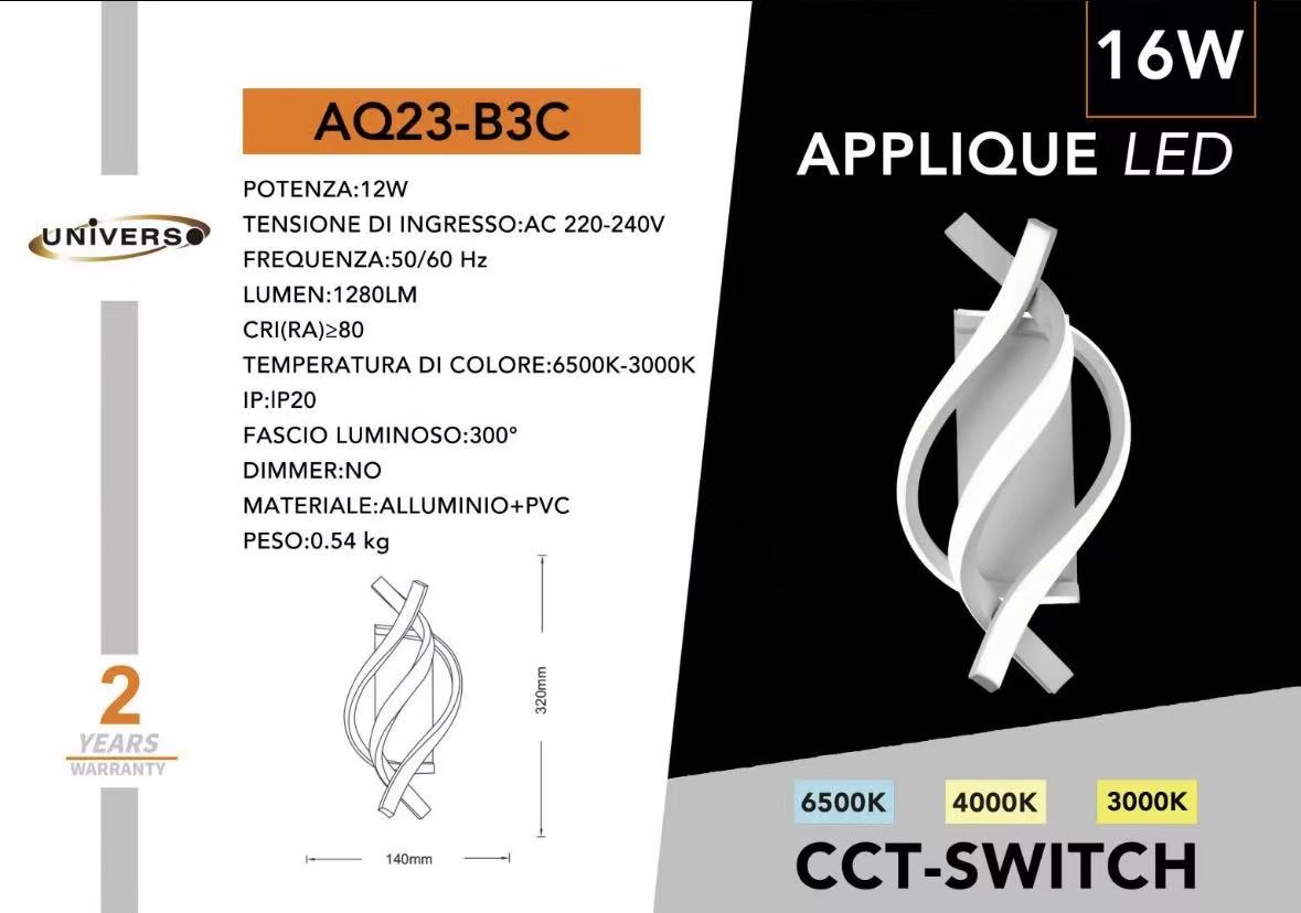 Applique LED 16W, Lampada da Parete Moderna Bianco, 3000K/4000K/6500K CCT Switch, 1280 Lumen, Illuminazione Interni IP20, Design a Spirale AQ23-B3C