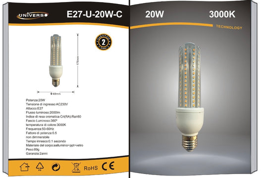 Lampadine LED E27 20W, Confezione da 10 Pezzi, 2000LM, 3000K/4000K/6500K, Lampadina LED a U, Fascio Luminoso 360°, CRI>80, Basso Consumo Energetico, Non Dimmerabile, Modello E27-U-20W