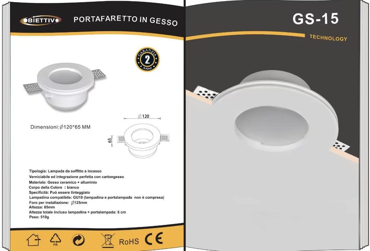 Portafaretto in Gesso da Incasso GU10 Ø120 mm – Verniciabile, Per Cartongesso, Compatibile LED, Design Minimal Bianco GS-15
