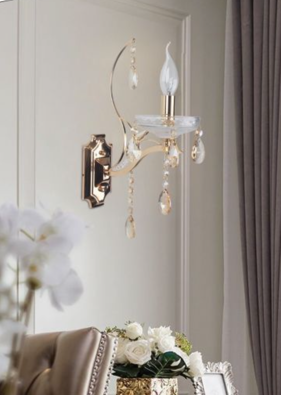 TEKHOME Applique da Parete in Cristallo Stile Candelabro Oro E68-1, Portalampada E14, Lampada da Muro Classica con Decorazioni in Vetro per Soggiorno, Camera da Letto e Corridoio E68-1