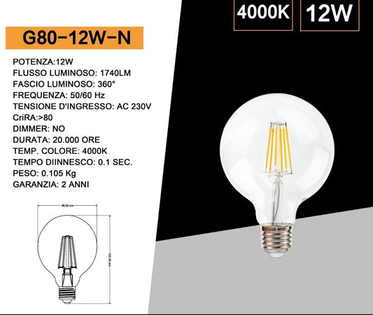 Lampadine LED E27 G80 12W, Confezione da 5 Pezzi, 1740LM, Luce 2700K/4000K/6500K, Globo in Vetro Trasparente Ø80mm, Illuminazione a 360°, Basso Consumo Energetico, Modello G80-12W