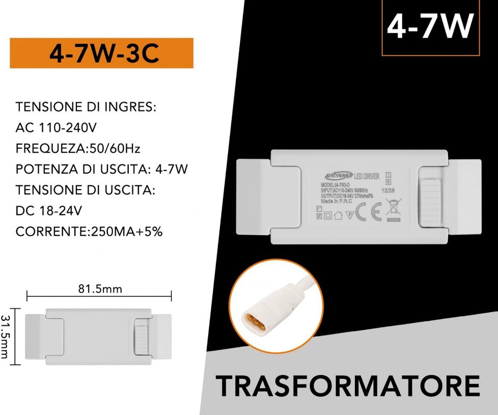 Driver LED 4-7W 250mA, Alimentatore Trasformatore LED AC 110-240V, Uscita DC 18-24V, Ricambio per Faretti e Pannelli LED, 10 Pezzi, 4-7W-3C