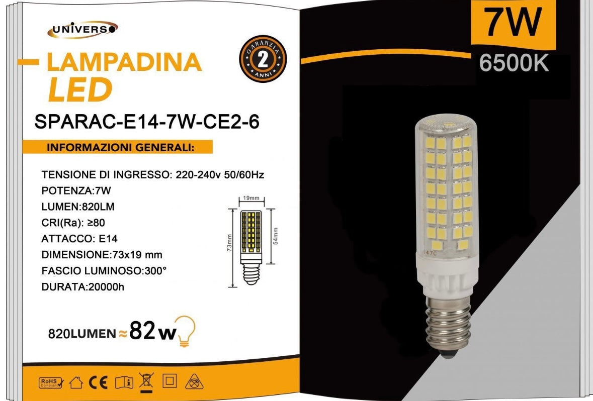 Lampadine LED E14 7W 820LM 6500K, 10 Pezzi, Luce Fredda, Formato Compatto 19x73mm, 220-240V, SPARAC-E14-7W-CE2-6