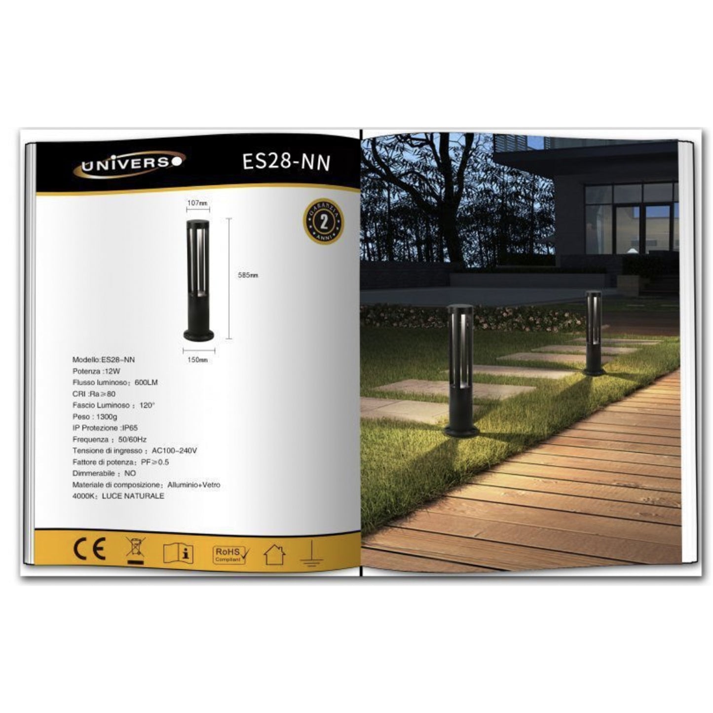 Lampada da giardino IP65 12W per esterno, bollard light in alluminio+vetro, 600lm, 3000K/4000K/6500K – Serie ES28