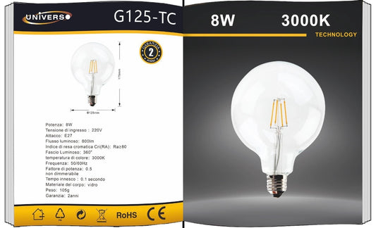 Lampadine LED E27 G125 8W, Confezione da 5 Pezzi, 800LM, Luce 2600K/3000K, Globo XL Ø125mm in Vetro Trasparente o Ambrato, Illuminazione a 360°, Basso Consumo Energetico, Modello G125
