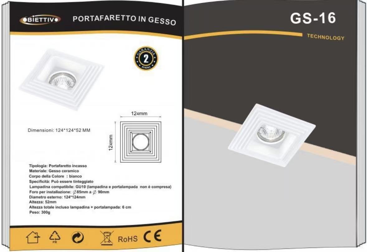 Portafaretto da Incasso in Gesso GU10, Quadrato 124×124 mm, Verniciabile, per Cartongesso, Bianco, IP20 GS-16