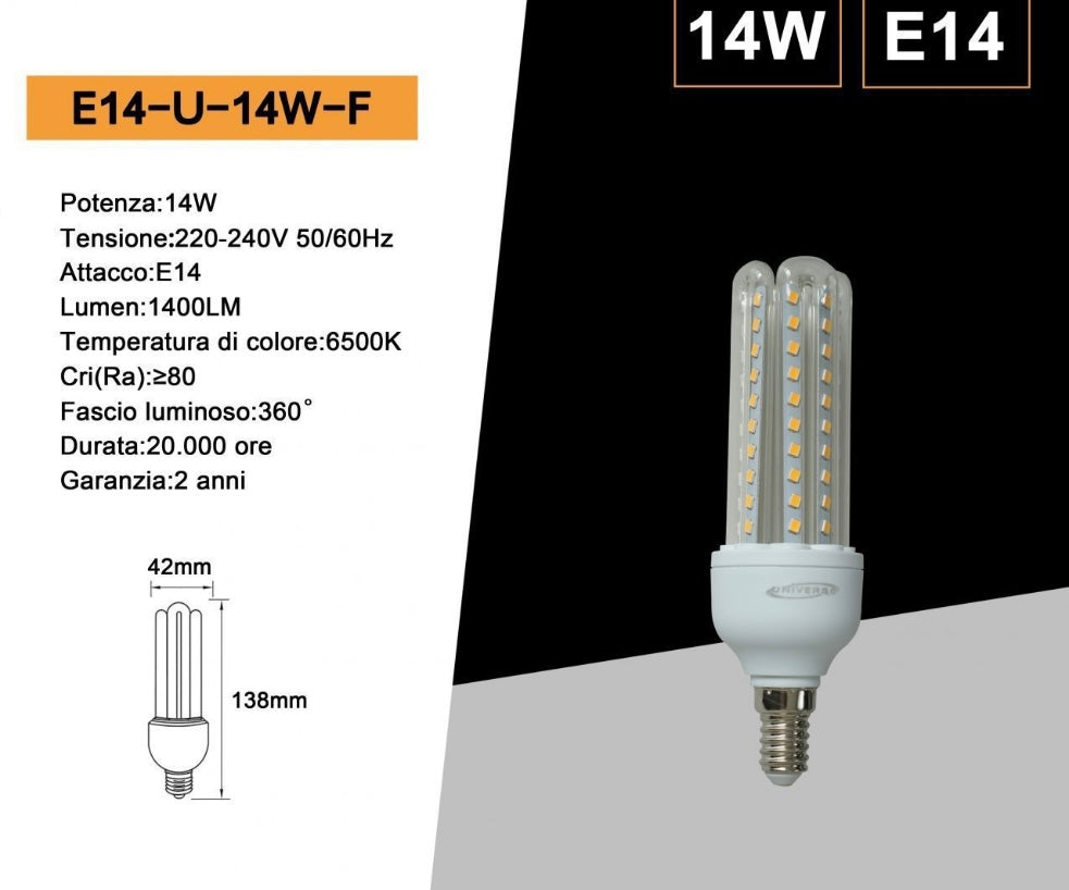 Lampadine LED E14 14W, Confezione da 10 Pezzi, 1400LM, 3000K/4000K/6500K, Luce Calda, Naturale e Fredda, Lampadina LED a U, CRI>80, Illuminazione 360°, Risparmio Energetico, Modello E14-U-14W