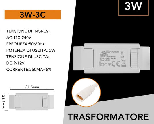 Driver LED 3W 250mA, Alimentatore Trasformatore LED AC 110-240V, Uscita DC 9-12V, Ricambio per Faretti e Pannelli LED, 10 Pezzi, 3W-3C