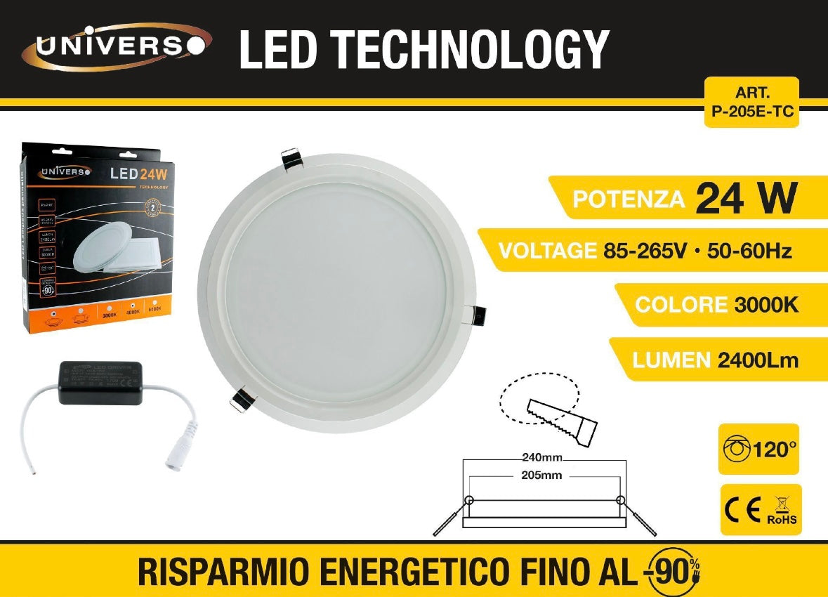 Pannello LED da Incasso Rotondo 24W 2400LM 3000K Luce Calda, Faretto LED da Soffitto Ø240mm, Foro Ø205mm, Fascio 120°, Driver Incluso, 1 Pezzo, P-205E-TC