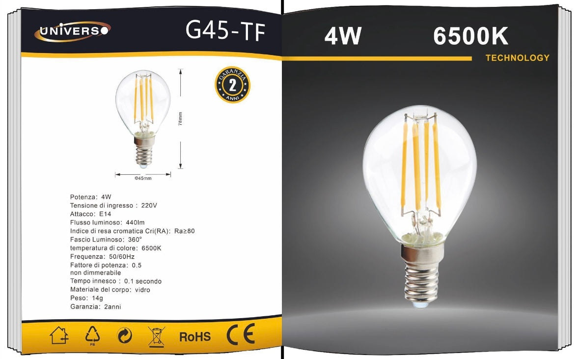 Lampadine LED E14 G45 4W, Confezione da 5 Pezzi, 440LM, 3000K/4000K/6500K, Lampadine Decorative in Vetro Trasparente, Luce a 360°, Basso Consumo, Non Dimmerabili, Modello G45-T