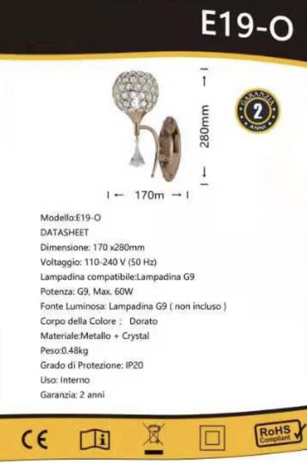 TEKHOME Applique da Parete Moderna con Design a Cristalli, Attacco G9 60W, per Interni, Disponibile in Oro e Argento, 280mm, Metallo e Cristallo (Senza Lampadina) E19