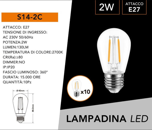 Lampadine LED E27 2W, Confezione da 10 Pezzi, 130LM, Luce Calda 2700K, Lampadine LED Decorative in Vetro Trasparente, Illuminazione 360°, Basso Consumo Energetico, Modello S14-2C
