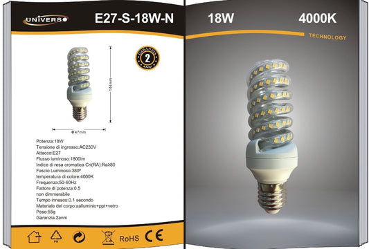 Lampadine LED E27 18W, Confezione da 10 Pezzi, 1800LM, 3000K/4000K/6500K, Luce Calda, Naturale e Fredda, Lampadina LED a Spirale, CRI>80, Illuminazione 360°, Risparmio Energetico, E27-S-18W